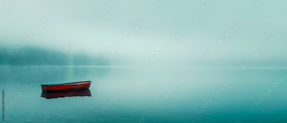 Misty Morning on Serene Lake with Solitary Boat. Nature's Embrace, Tranquil Escape, Silent Journey. Misty Morning on Serene Lake with Solitary Boat. Nature's Embrace, Tranquil Escape, Silent Journey.