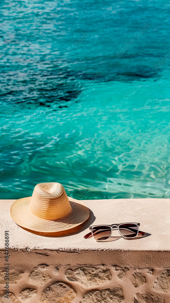 Sunglasses and Sun Hat with Sea Backdrop. Beach Essentials, Summer Vacation, Tropical Getaway.