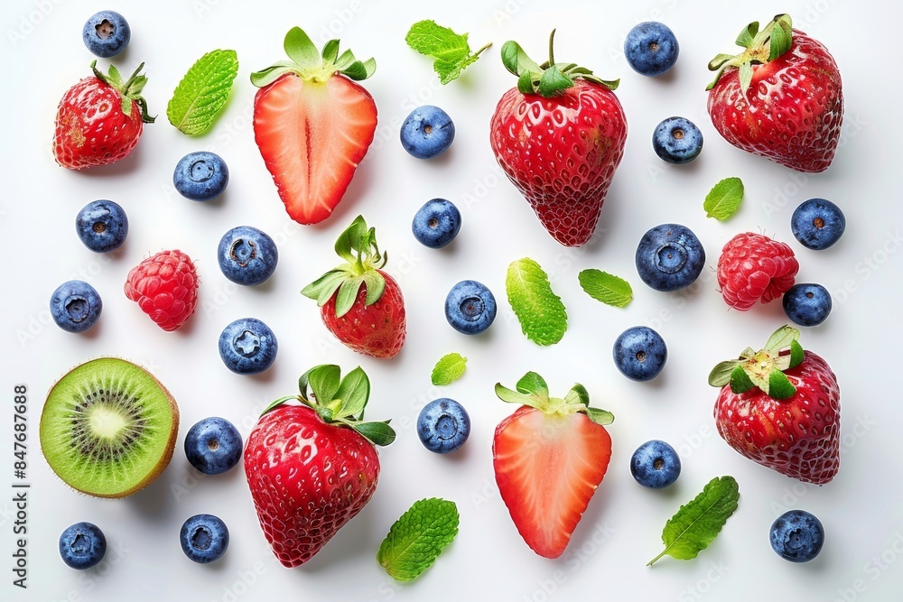 Colorful array of mixed fruits and berries in flat lay style on white background Colorful array of mixed fruits and berries in flat lay style on white background