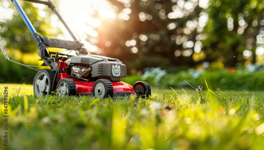 Modern lawn mower cutting grass on a sunny day in a beautifully maintained garden Modern lawn mower cutting grass on a sunny day in a beautifully maintained garden
