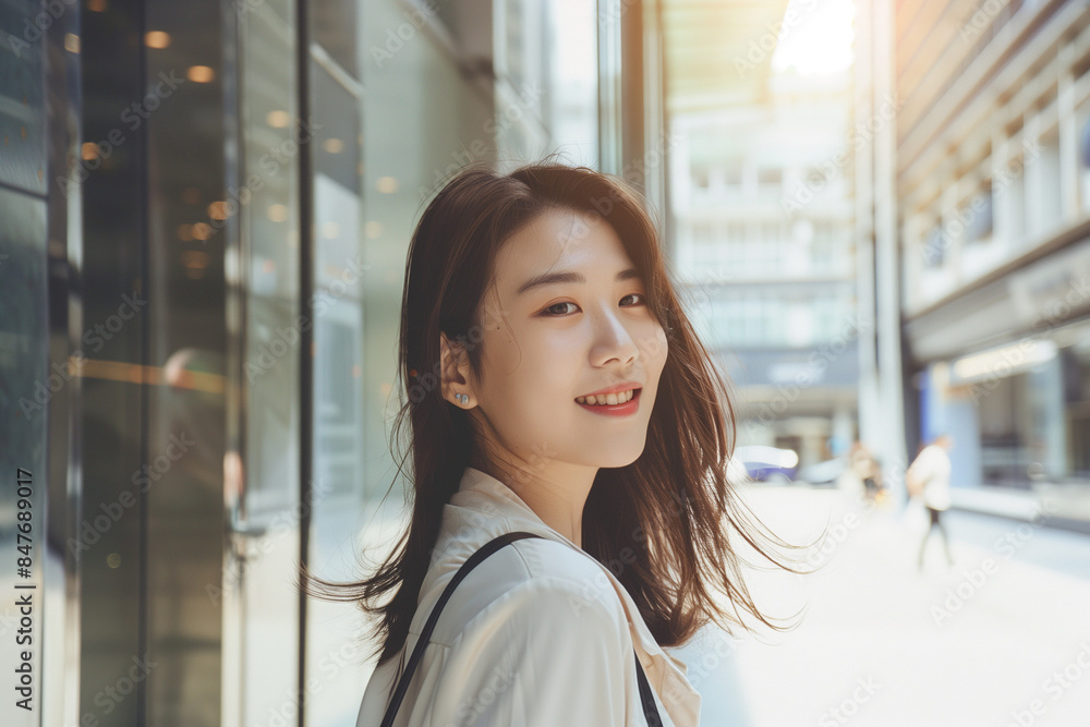 Smiling Asian Office Lady in Office Building Background Smiling Asian Office Lady in Office Building Background