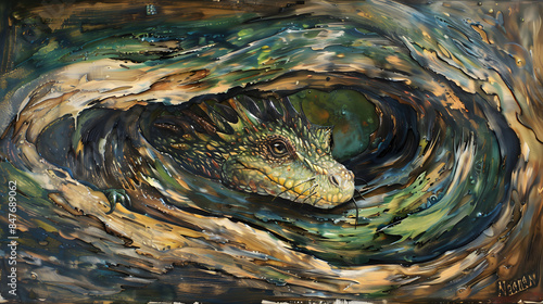 dragon in a tree trunk Oil color painting. Generative AI. photo