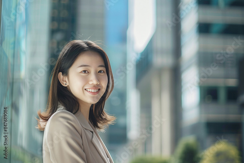 Free Download Smiling Asian Office Lady in Office Building Background - GFXLoad
