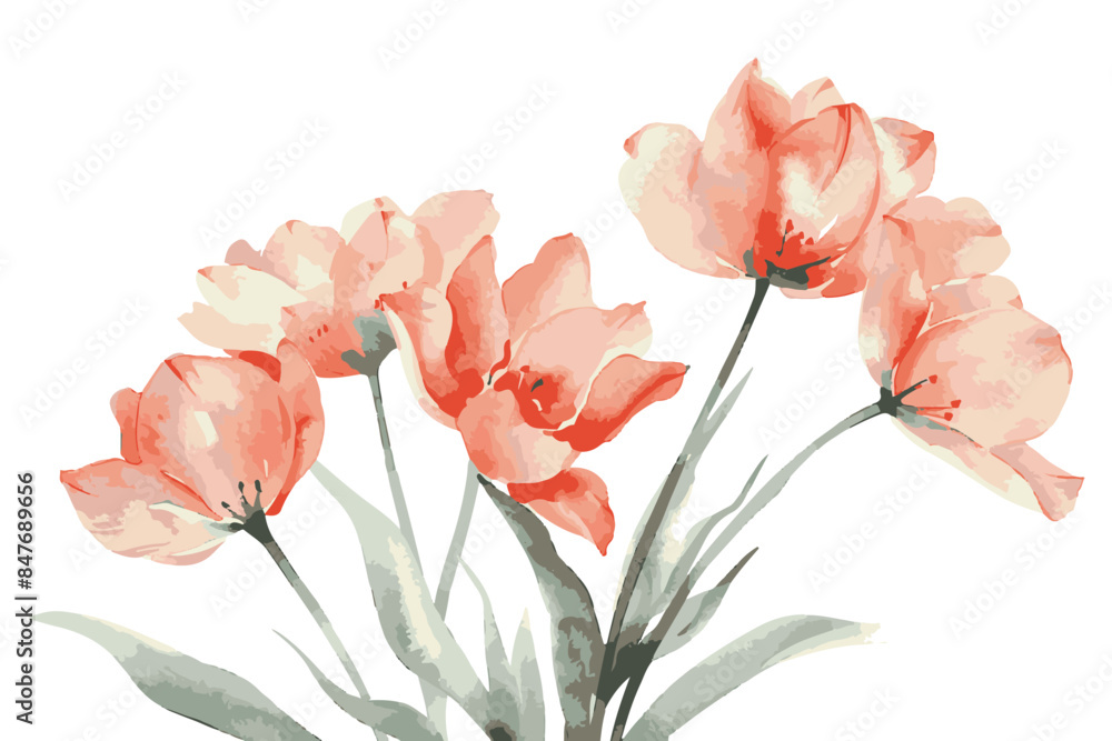 Obraz premium watercolor pastel coral tulips, spring flowers bunch isolated on white background, clipart