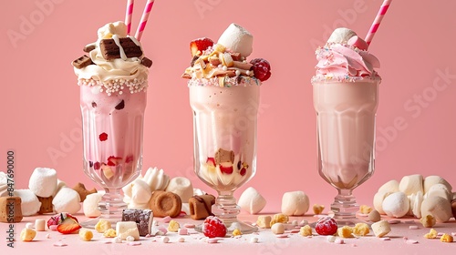 Cotton candy and smores summer milkshakes against a pastel pink background