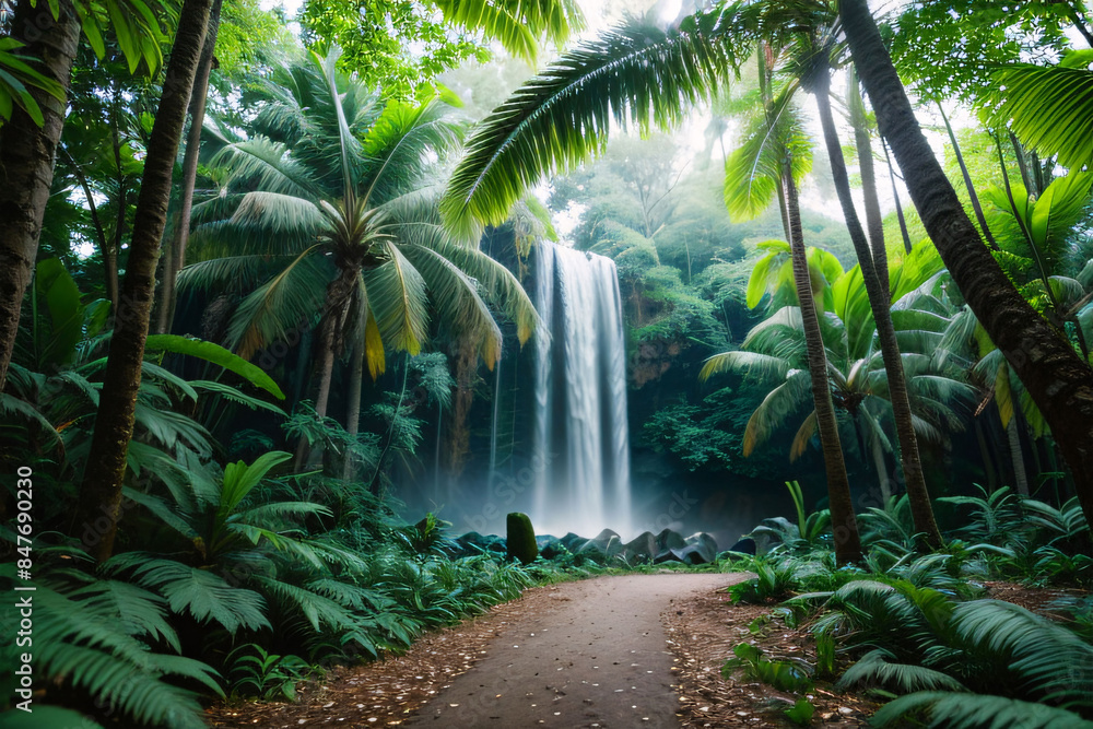 Lush palm trees tower over a vibrant tropical rainforest path Lush palm trees tower over a vibrant tropical rainforest path