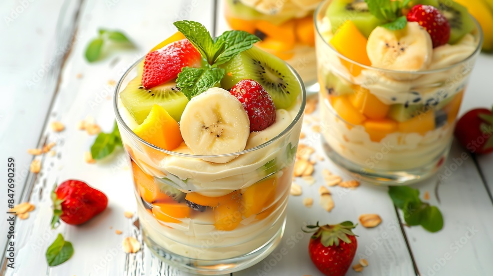 creamy trifle in beautiful glasses and cut fresh ripe fruit on white wooden background healthy eating concept creamy trifle in beautiful glasses and cut fresh ripe fruit on white wooden background healthy eating concept