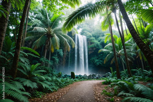 Lush palm trees tower over a vibrant tropical rainforest path © Promph