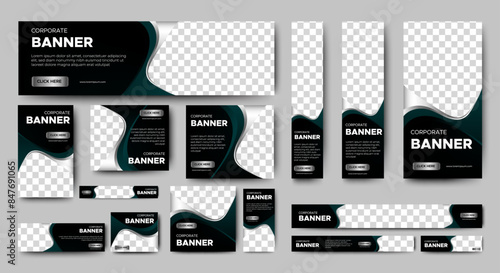 Black and metalic web ad banner template with photo place. vector