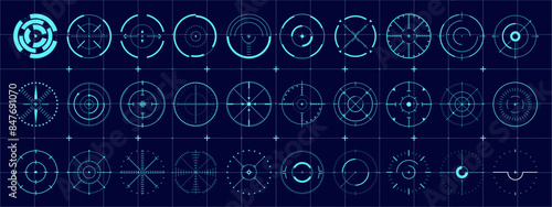 Futuristic Set of Vector Sci-Fi Target Pointers. Circle HUD elements perfectly fit for heads-up displays in games, simulations, or any digital interface requiring a clean, circular focus indicator. 