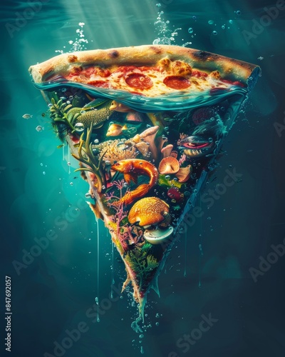 A delicious pizza slice topped with a creative underwater scene, featuring colorful fish, coral, and seashells photo