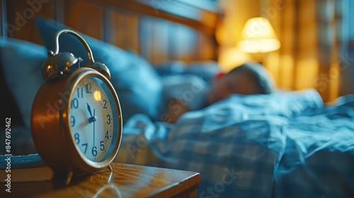 Alarm clock on nightstand at night, kid sleeping, blur bedroom background photo