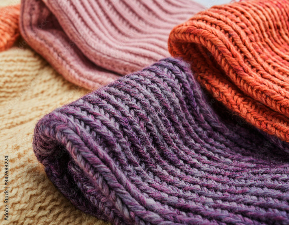 Close-up of texture of knitted woolen orange and purple sweaters. Winter sweater background Close-up of texture of knitted woolen orange and purple sweaters. Winter sweater background