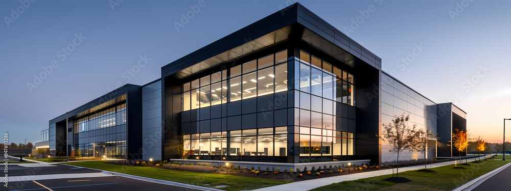 Modern Industrial Building with Evening Glow Modern Industrial Building with Evening Glow