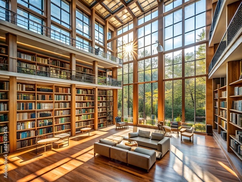 Wallpaper Mural Large Library With Comfortable Seating And Large Windows Looking Out Onto A Lush Green Landscape. Torontodigital.ca