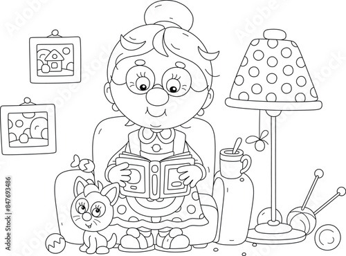 Funny grandma sitting in a cosy armchair near a floor lamp and reading an interesting story book, black and white vector cartoon illustration for a coloring book