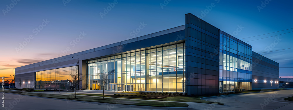 Modern Industrial Building with Evening Glow Modern Industrial Building with Evening Glow