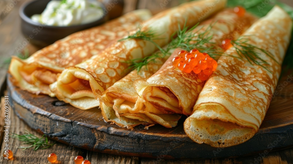 Traditional maslenitsa celebration  tasty pancakes with red caviar symbolizing the festive spirit
