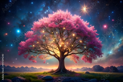 Mystical tree under starry night sky photo