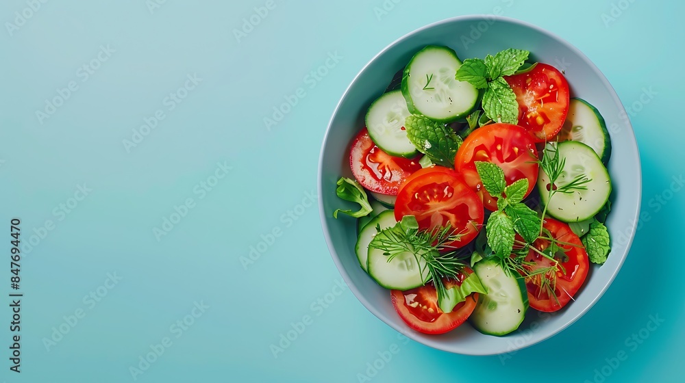 Fresh salad with tomato cucumber and herbs flat lay from above Fresh salad with tomato cucumber and herbs flat lay from above