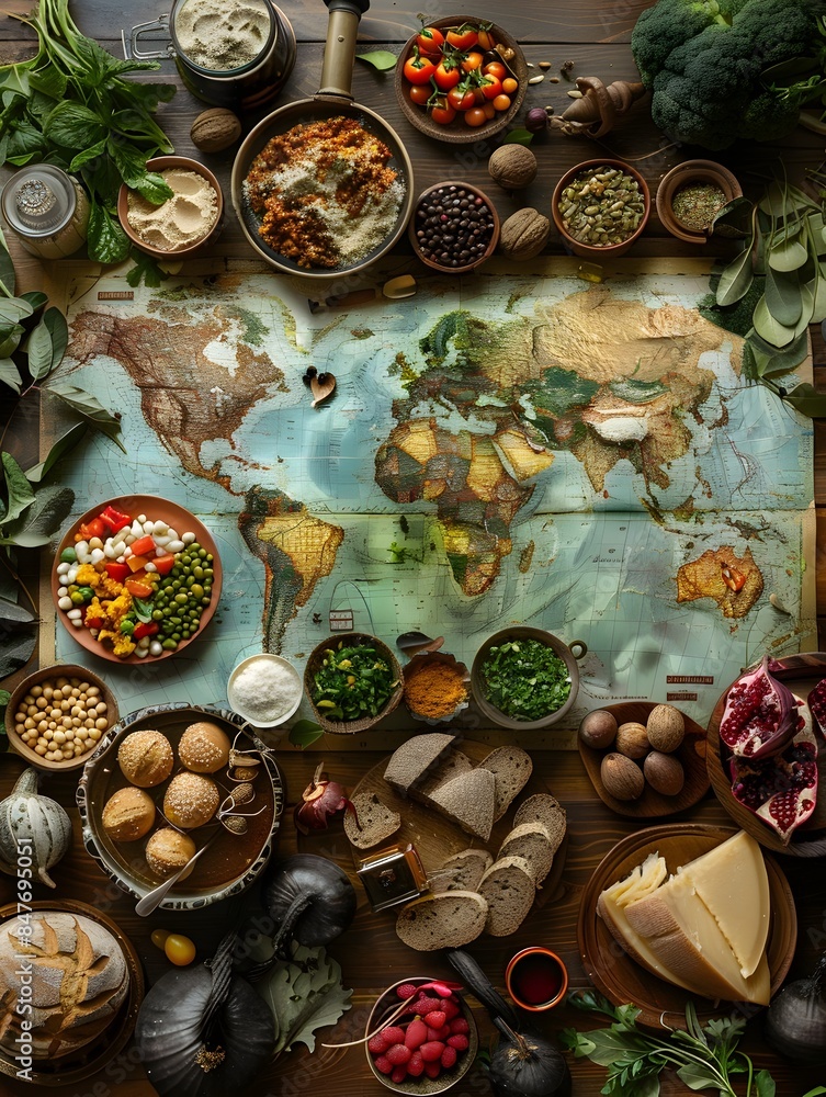 Diverse Global Cuisine and Culinary Ingredients Arranged on World Map Diverse Global Cuisine and Culinary Ingredients Arranged on World Map
