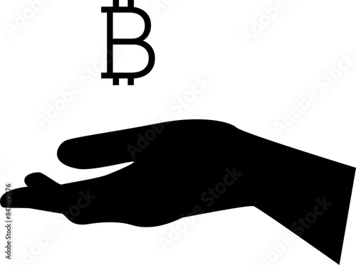 Silhouette of  bitcoin sign above an outstretched hand. Vector illustration in black color. Transparent background	
