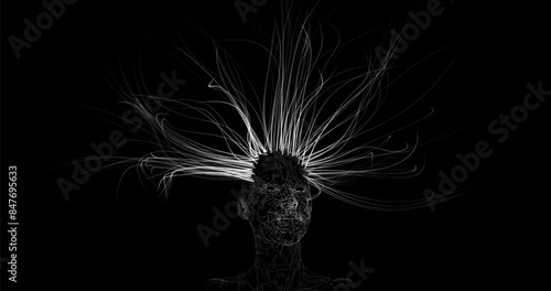 Abstract Vector Bust of a Man with Swirls of Glowing Lines on a Black Background. Vector illustration