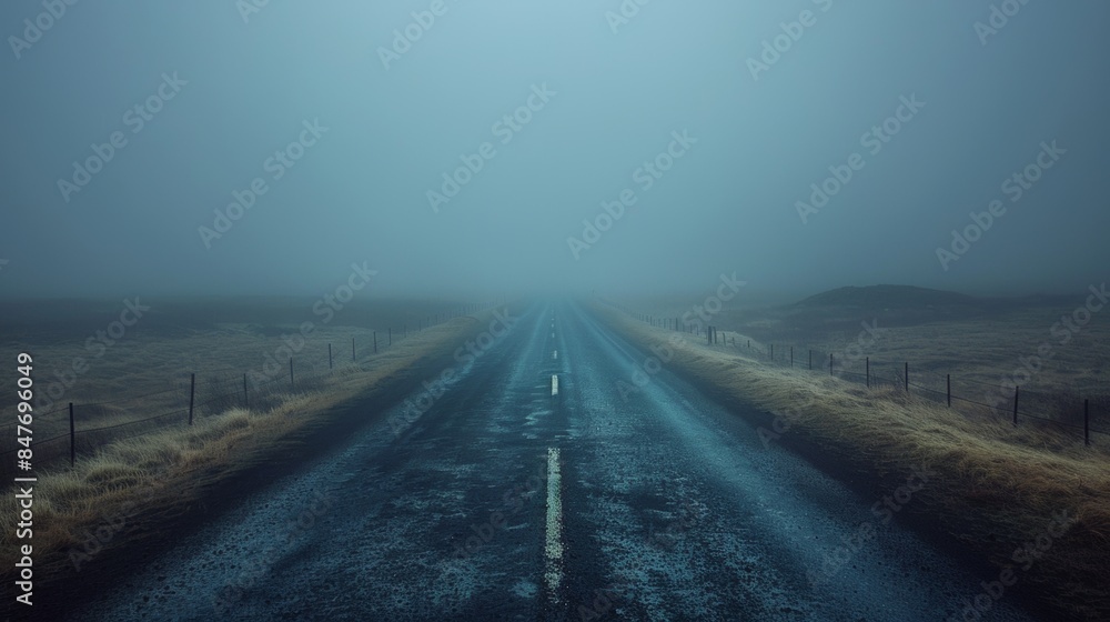 Thick fog on a desolate road.