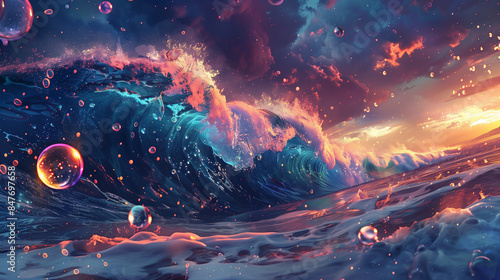dreamy ocean landscape with colorful water droplets