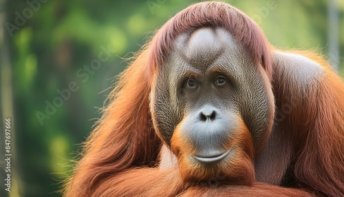 Nahaufnahme eines neugierigen Orang-Utans, der in die Kamera schaut. Tierfotografie für Naturschutz und Bewusstseinsbildung. Freiraum für Text. photo