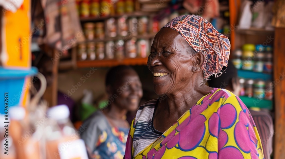 A woman smiles and shops at a market stall with various goods in the background A woman smiles and shops at a market stall with various goods in the background