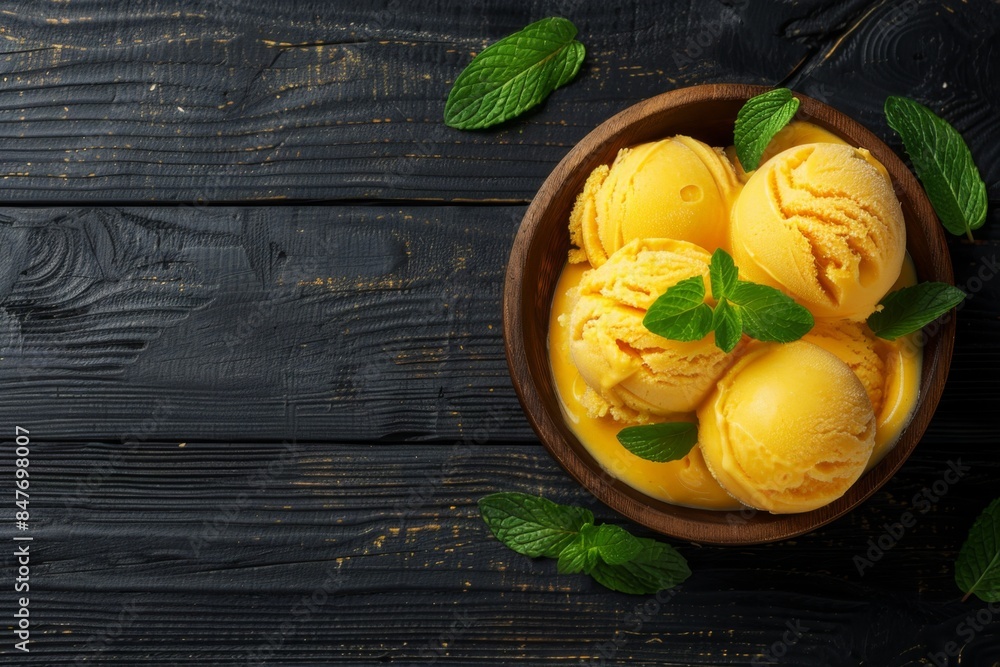Bowl of bright yellow ice cream garnished with fresh mint leaves on a dark wooden table Bowl of bright yellow ice cream garnished with fresh mint leaves on a dark wooden table