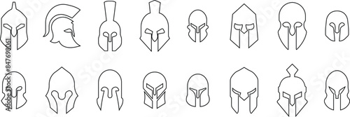 Spartan helmet icons Set in line styles use for safety Greek gladiator designs elements emblem create for logos, symbols. Vectors for apps and website isolated on transparent background. Trojan signs.