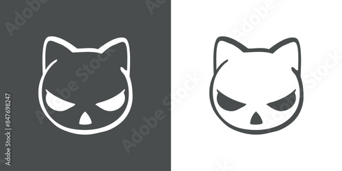 Logo con emoticono de gato para invitaciones y tarjetas de Halloween. Cara de gato con expresión enojada como personaje emoji	