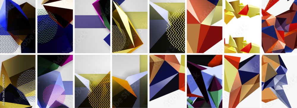 Set of low poly triangles poster geometric backgrounds. Vector Illustration For Wallpaper, Banner, Background, Card, Book Illustration, landing page Set of low poly triangles poster geometric backgrounds. Vector Illustration For Wallpaper, Banner, Background, Card, Book Illustration, landing page