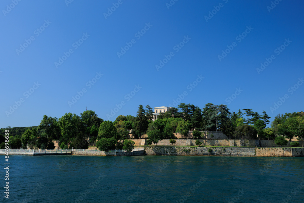 Blue seascape overlooking the coast. View of the Bosphorus in Istanbul city on sunny summer day, in a public place. Blue seascape overlooking the coast. View of the Bosphorus in Istanbul city on sunny summer day, in a public place.