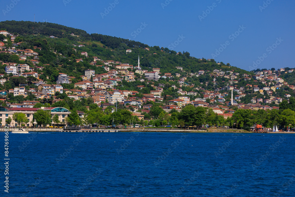 Blue seascape overlooking the coast. View of the Bosphorus in Istanbul city on sunny summer day, in a public place. Blue seascape overlooking the coast. View of the Bosphorus in Istanbul city on sunny summer day, in a public place.