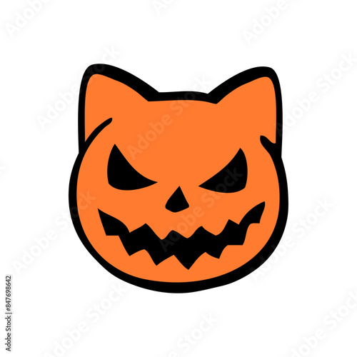 Logo con cabeza de gato para invitaciones y tarjetas de Halloween. Silueta de cabeza de gato con sonrisa de calabaza de Halloween