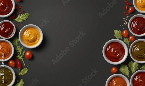 Various sauces in bowls isolated on transparent photo
