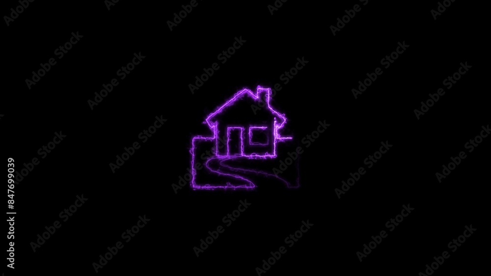Abstract neon electric line home icon purple color illustration. House icon bright neon light black background 4k illustration. Abstract neon electric line home icon purple color illustration. House icon bright neon light black background 4k illustration.
