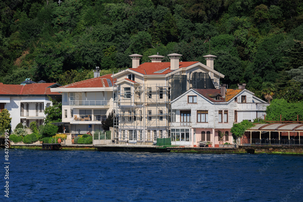 Blue seascape overlooking the coast. View of the Bosphorus in Istanbul city on sunny summer day, in a public place. Blue seascape overlooking the coast. View of the Bosphorus in Istanbul city on sunny summer day, in a public place.