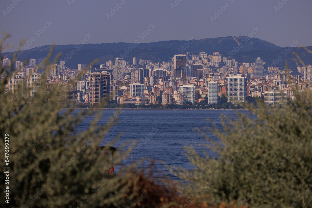 Fototapeta premium Citycape, View of the Bosphorus in Istanbul city on sunny summer day, in a public place.