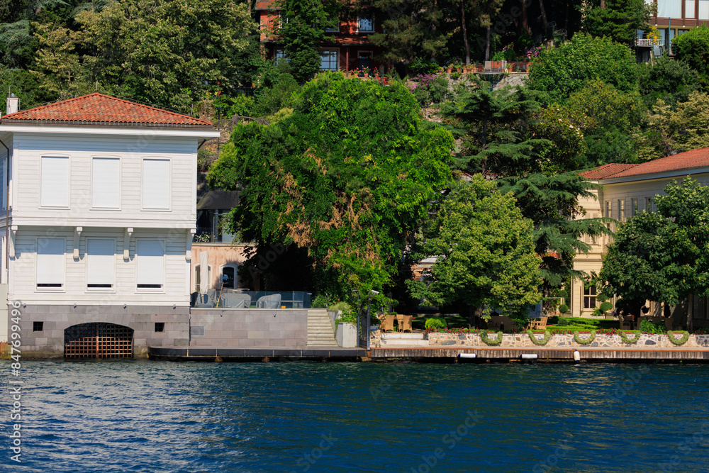 Fototapeta premium Citycape, View of the Bosphorus in Istanbul city on sunny summer day, in a public place.