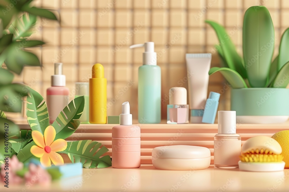 Charming 3D Illustration of Cosmetic Products for Summer Skincare Design for Print and Social Media Charming 3D Illustration of Cosmetic Products for Summer Skincare Design for Print and Social Media