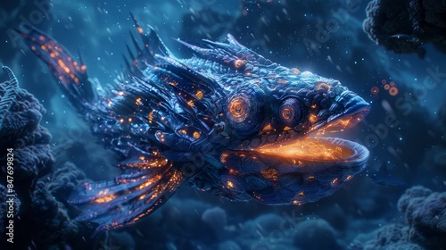 Realistic depiction of a deep-sea creature, intricate scales, glowing patterns, emerging from deep ocean trenches, eerie lighting