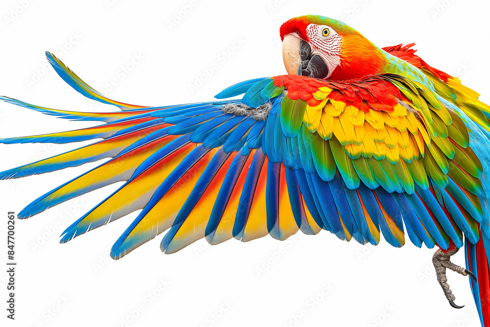 Fototapeta premium A colorful parrot with a red beak flies through the air
