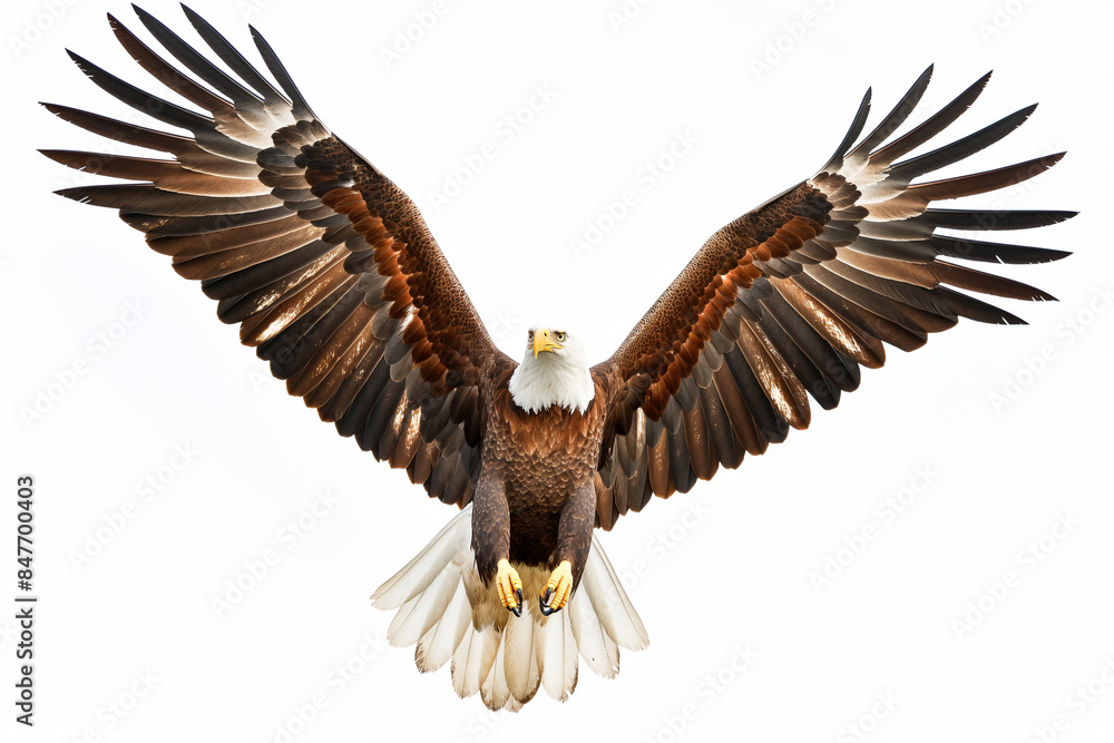 A large eagle with brown and white feathers is flying in the air A large eagle with brown and white feathers is flying in the air