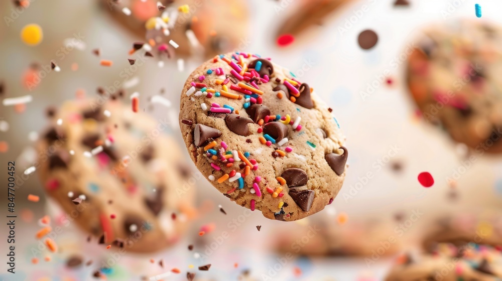 Dynamic shot of chocolate chip cookies with colorful sprinkles in mid-air, creating a fun and whimsical visual effect. Dynamic shot of chocolate chip cookies with colorful sprinkles in mid-air, creating a fun and whimsical visual effect.