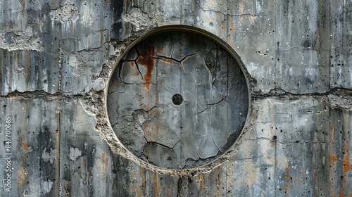 Rough wall with a circular hole, spreading cracks in rings, raw texture, industrial feel photo