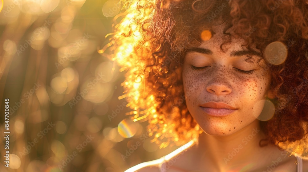 A serene woman with closed eyes basks in the golden hour light, surrounded by a dreamy, warm glow and nature's beauty. A serene woman with closed eyes basks in the golden hour light, surrounded by a dreamy, warm glow and nature's beauty.